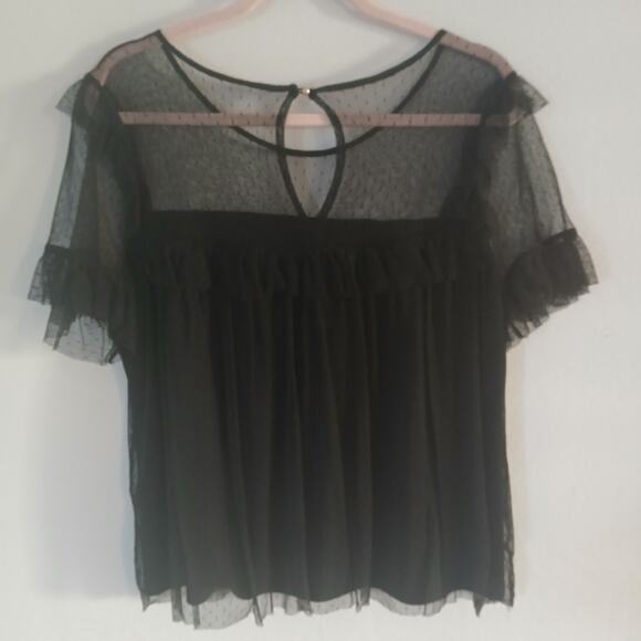 White House Black Market Lace Overlay Ruffle Blouse Top Black Large - Picture 3 of 5